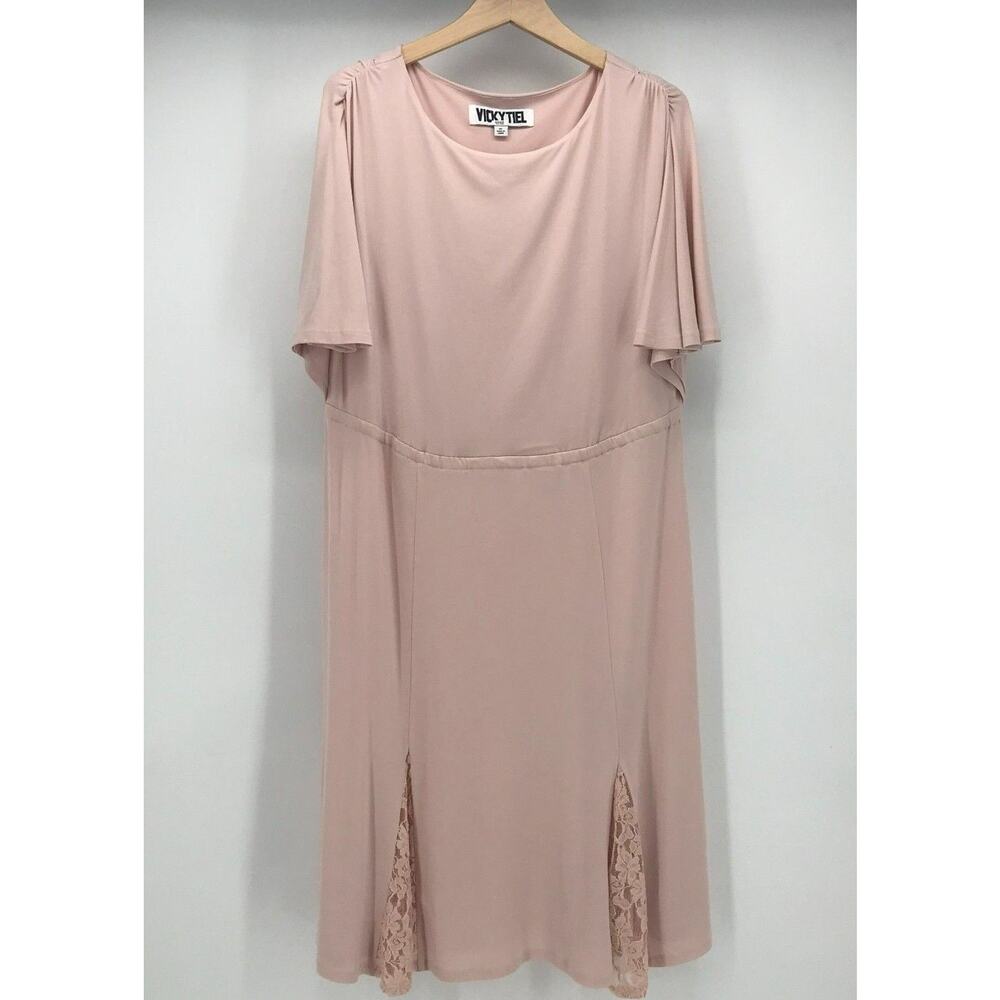 Vicky Tiel Dress Womens XL Pink Sheath Flutter Short Sleeve Flounce Hem Lace